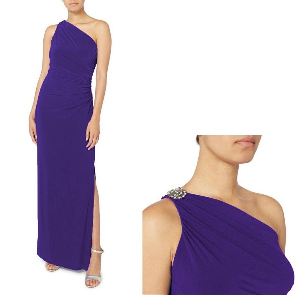One shoulder ruched gown with brooch